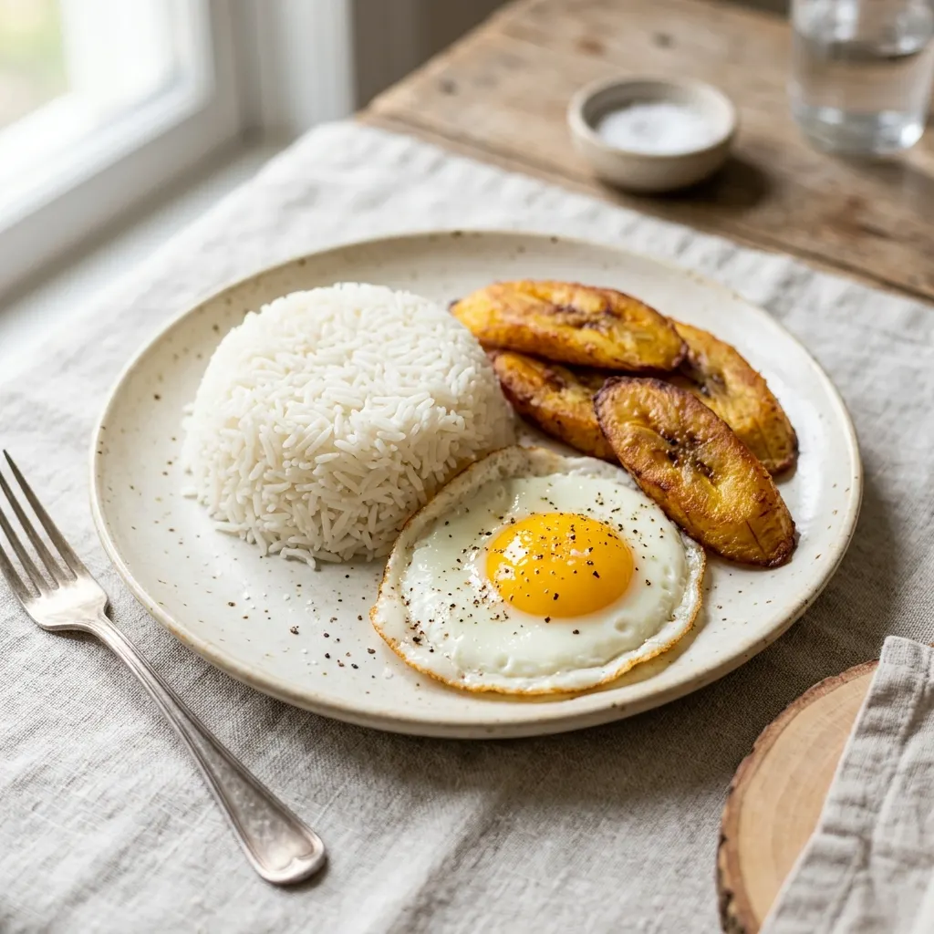 Arroz con huevo y tajadas (riz blanc, oeuf au plat et bananes plantains frites)