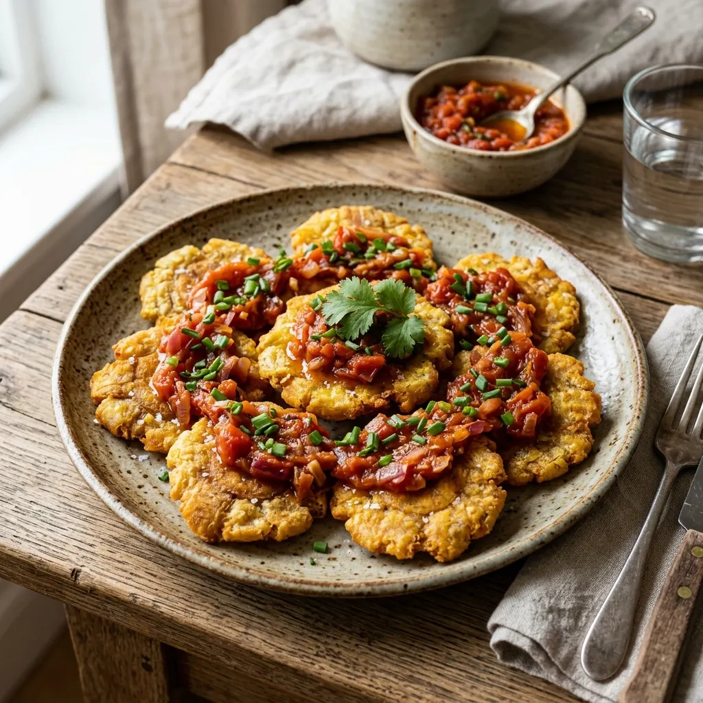 Patacones con hogao (rondelles de banane plantain verte frites à la sauce tomate)
