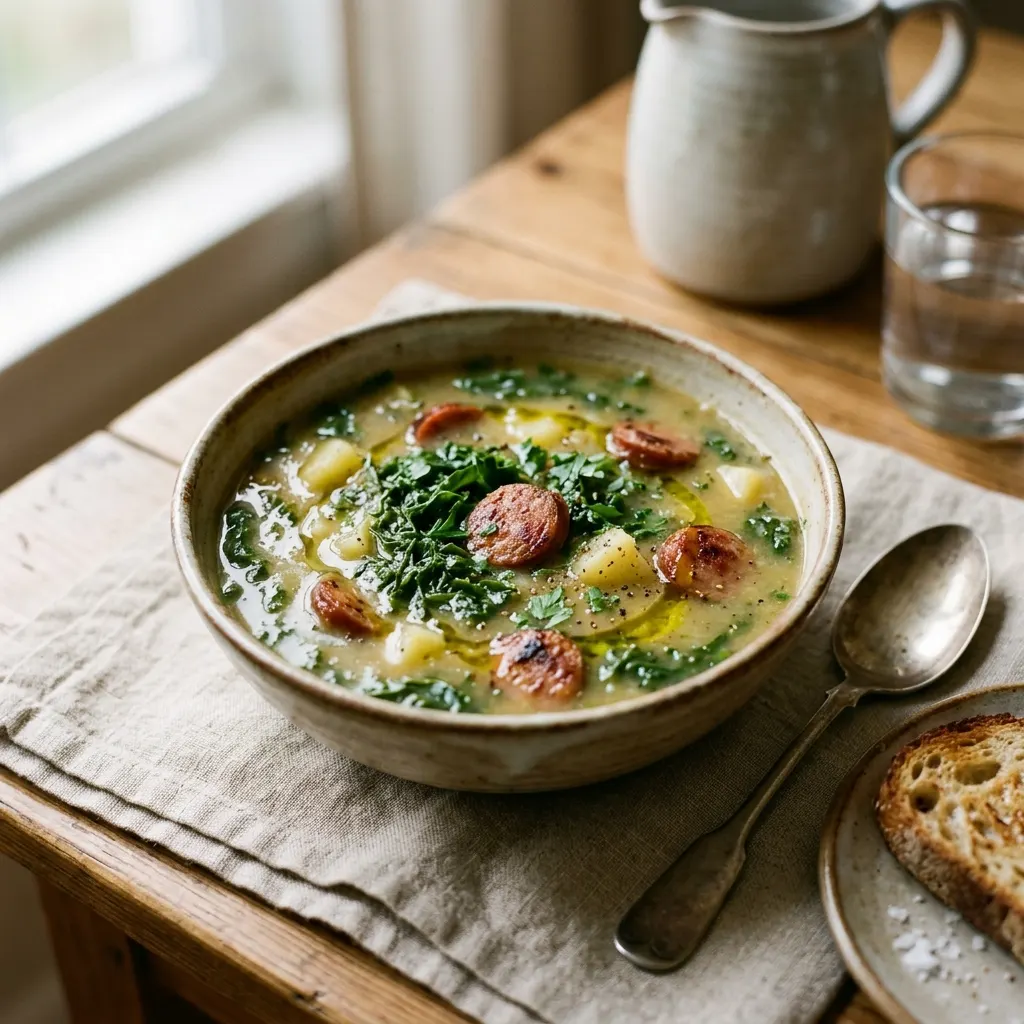 Caldo verde (soupe de pommes de terre au chou vert et à la saucisse fumée)