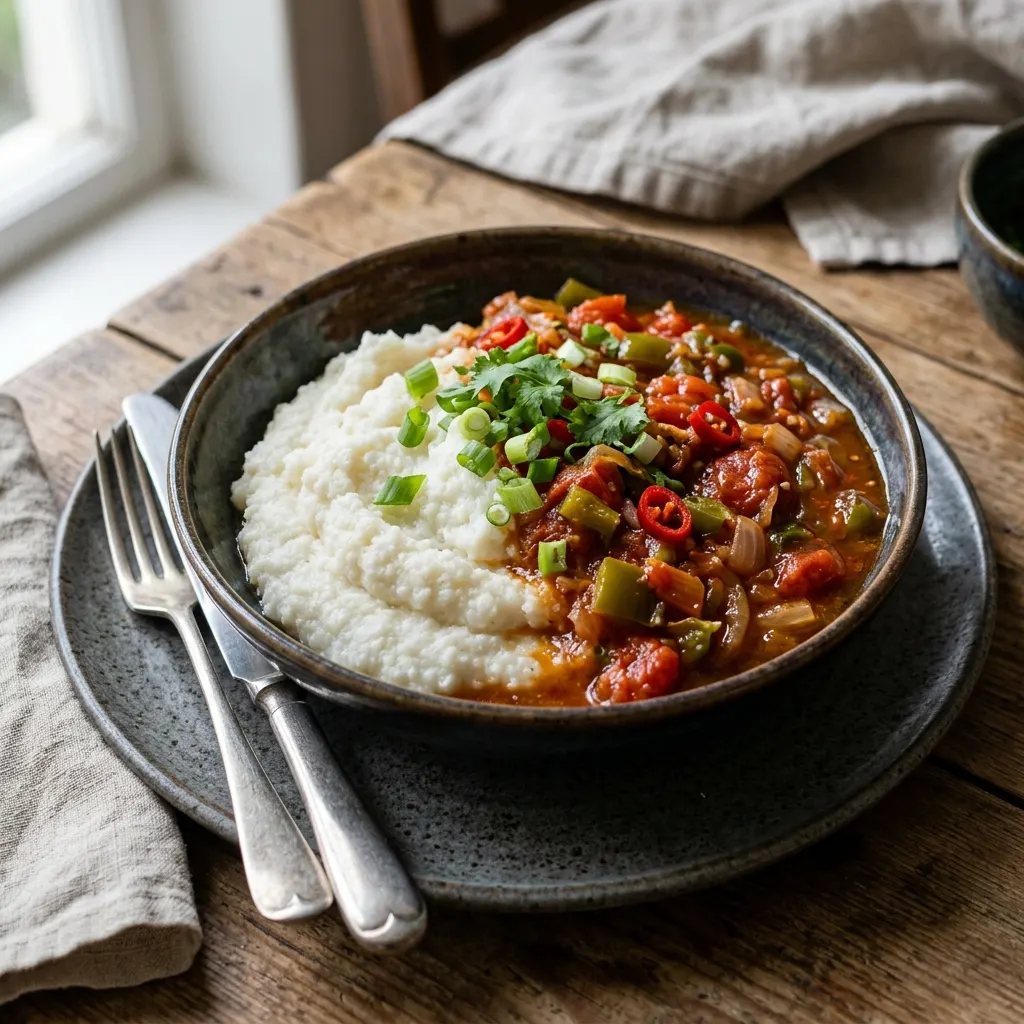 Pap en sous (pâte de maïs sud-africaine et sa sauce tomate)