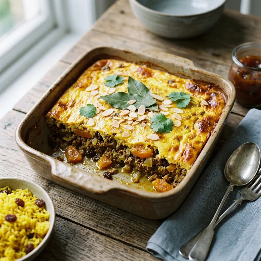 Bobotie (gratin sud-africain de viande au curry et à la crème d'œuf)