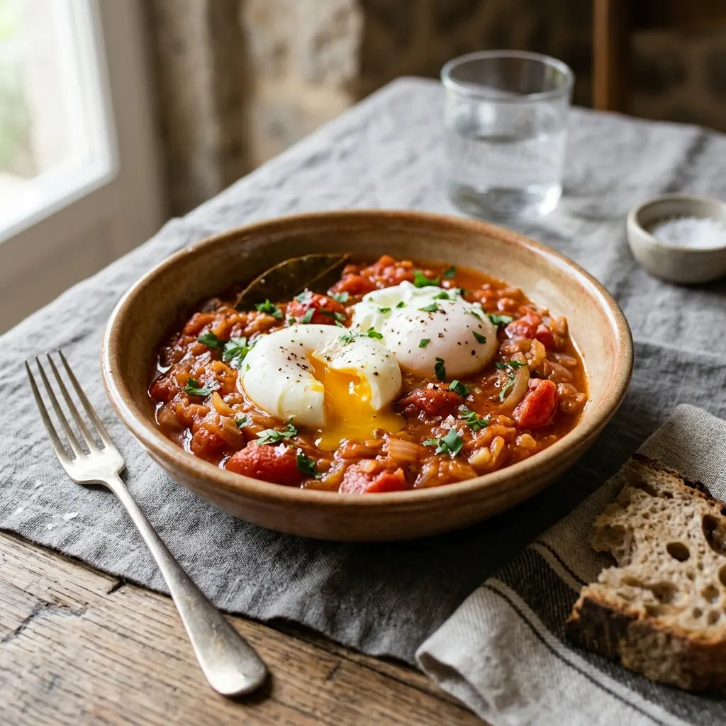 Tomatada com ovos (tomates mijotées aux œufs pochés à la portugaise)