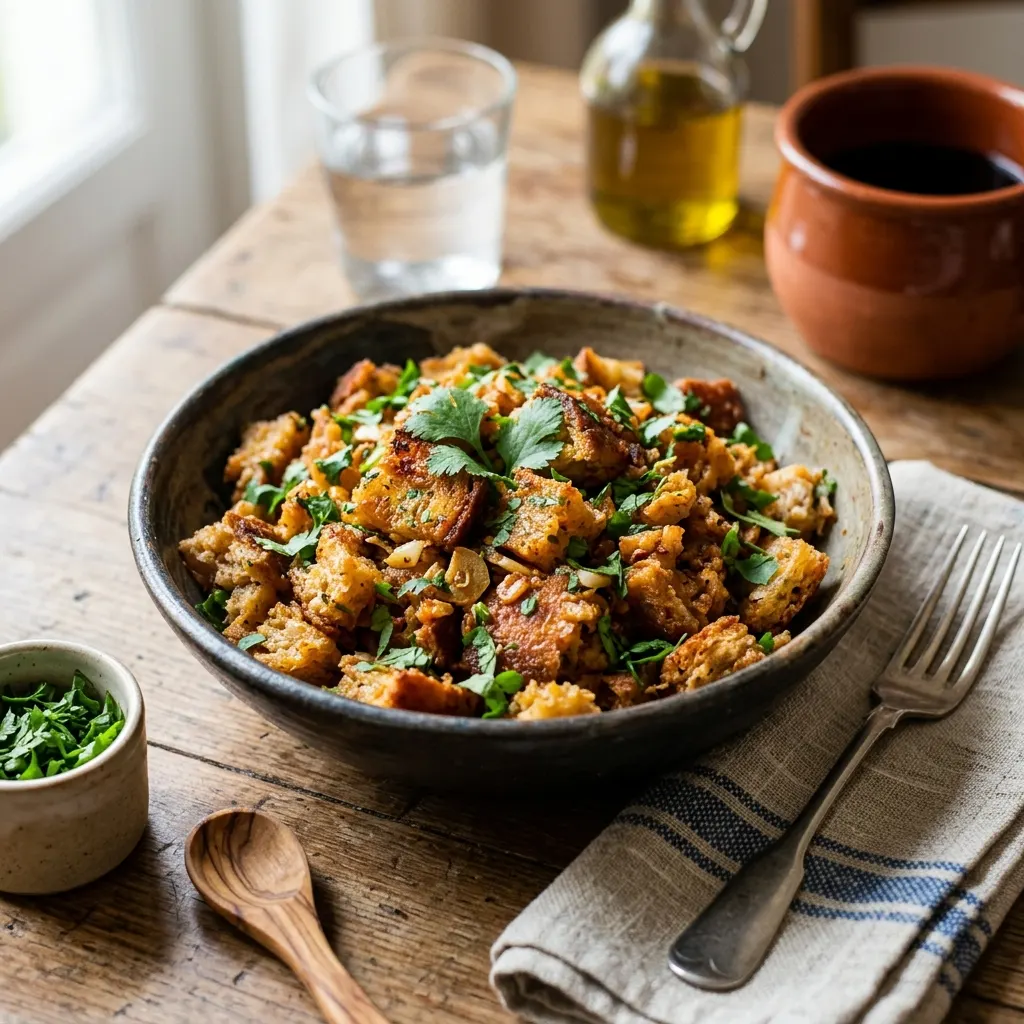 Migas à alentejana (pain de campagne poêlé à l'ail et à la coriandre)