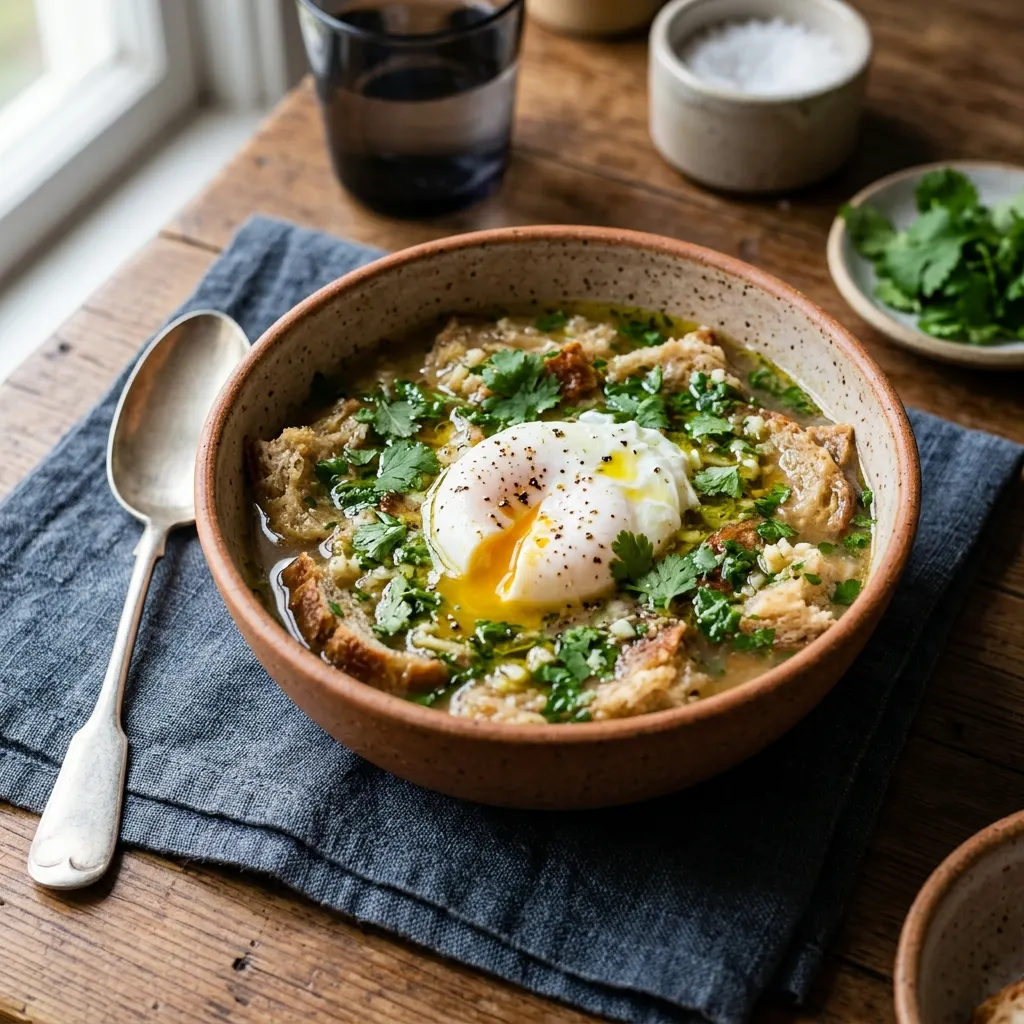 Açorda alentejana (soupe portugaise à l'ail, à la coriandre et à l'œuf poché)