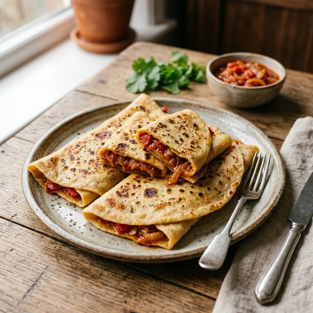Mhadjeb (crêpes algériennes farcies à la tomate et à l'oignon)