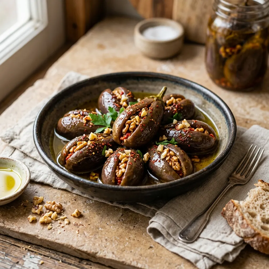 Makdous (aubergines syriennes confites farcies aux noix et à l'ail)