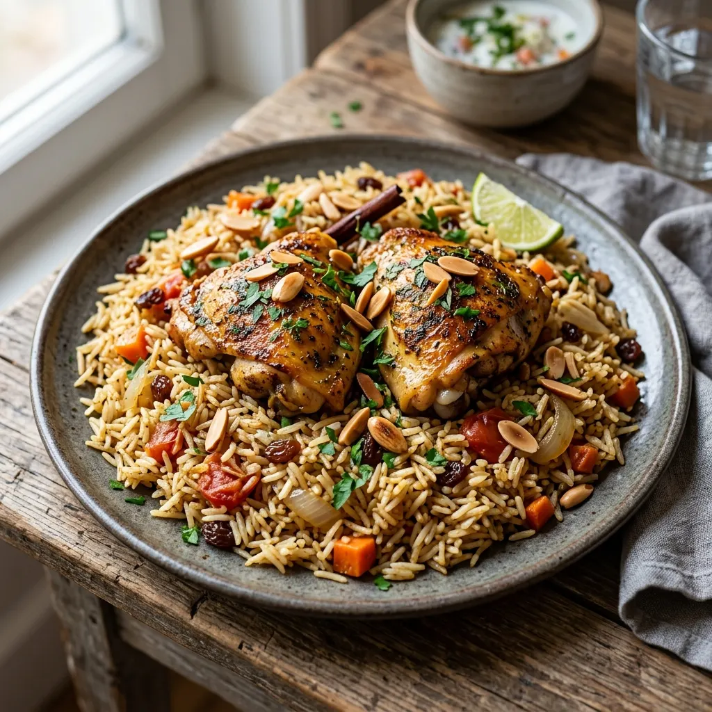 Kabsa (riz saoudien épicé au poulet et aux amandes)