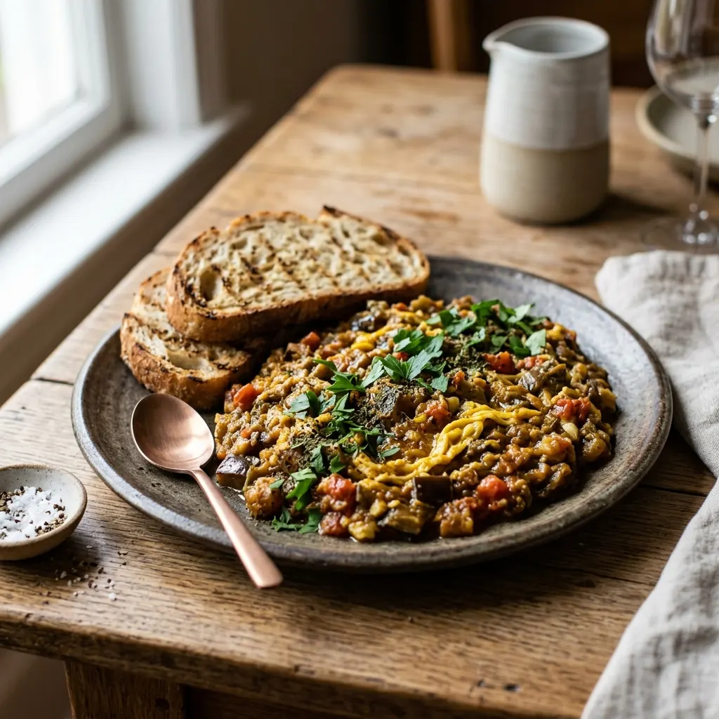 Mirza ghasemi (caviar iranien d'aubergines grillées à l'ail et à l'œuf)
