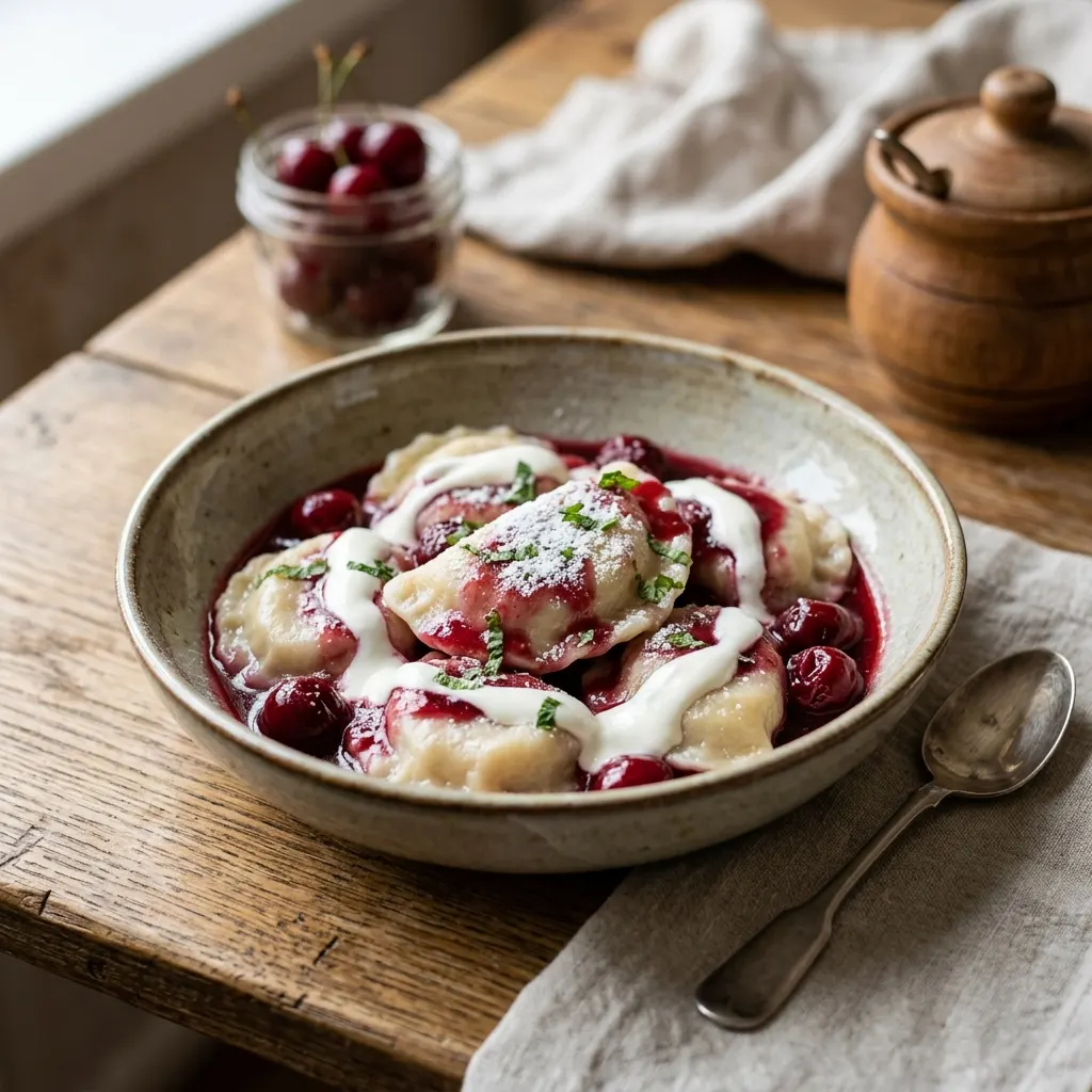 Vareniki aux cerises (raviolis russes aux cerises et à la crème)