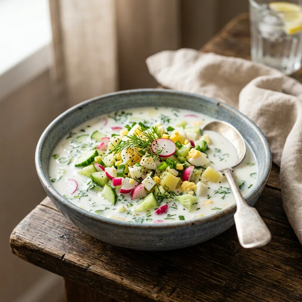 Okrochka (soupe froide russe au lait fermenté et aux légumes crus)