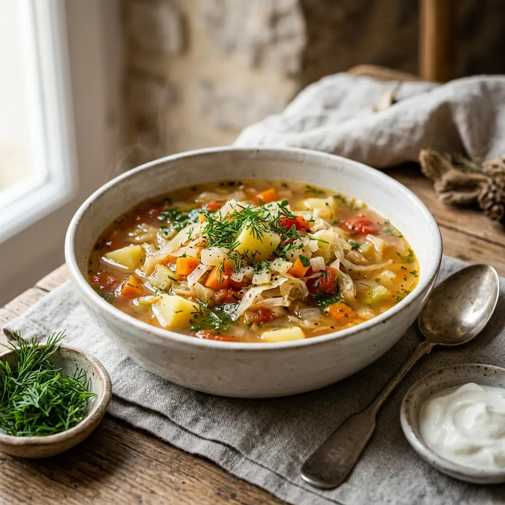 Chtchi (soupe russe au chou frais et à l'aneth)