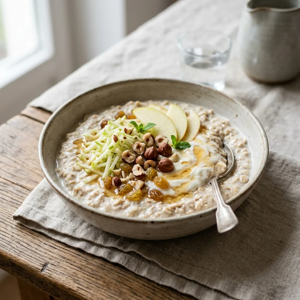 Birchermüesli (müesli suisse aux flocons d'avoine et à la pomme râpée)