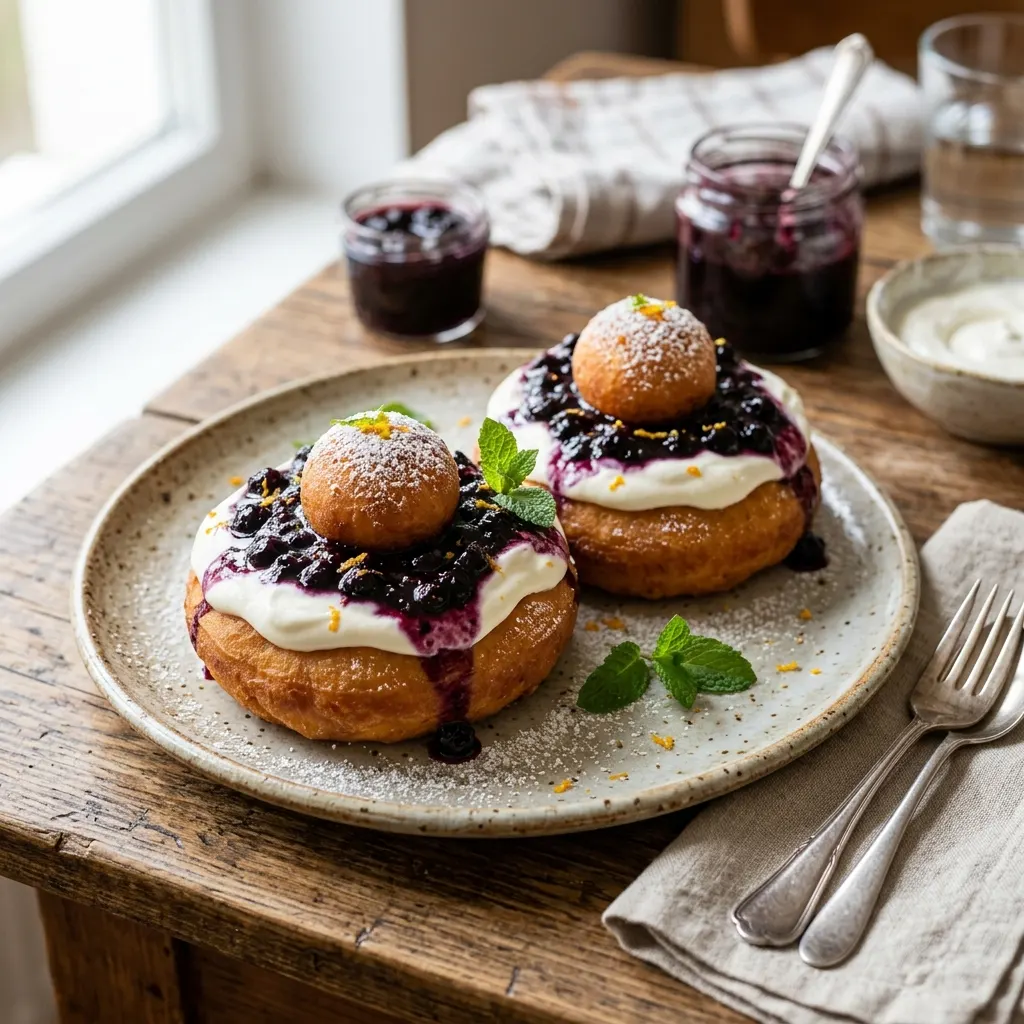 Papanași (beignets roumains au fromage blanc, crème et confiture)