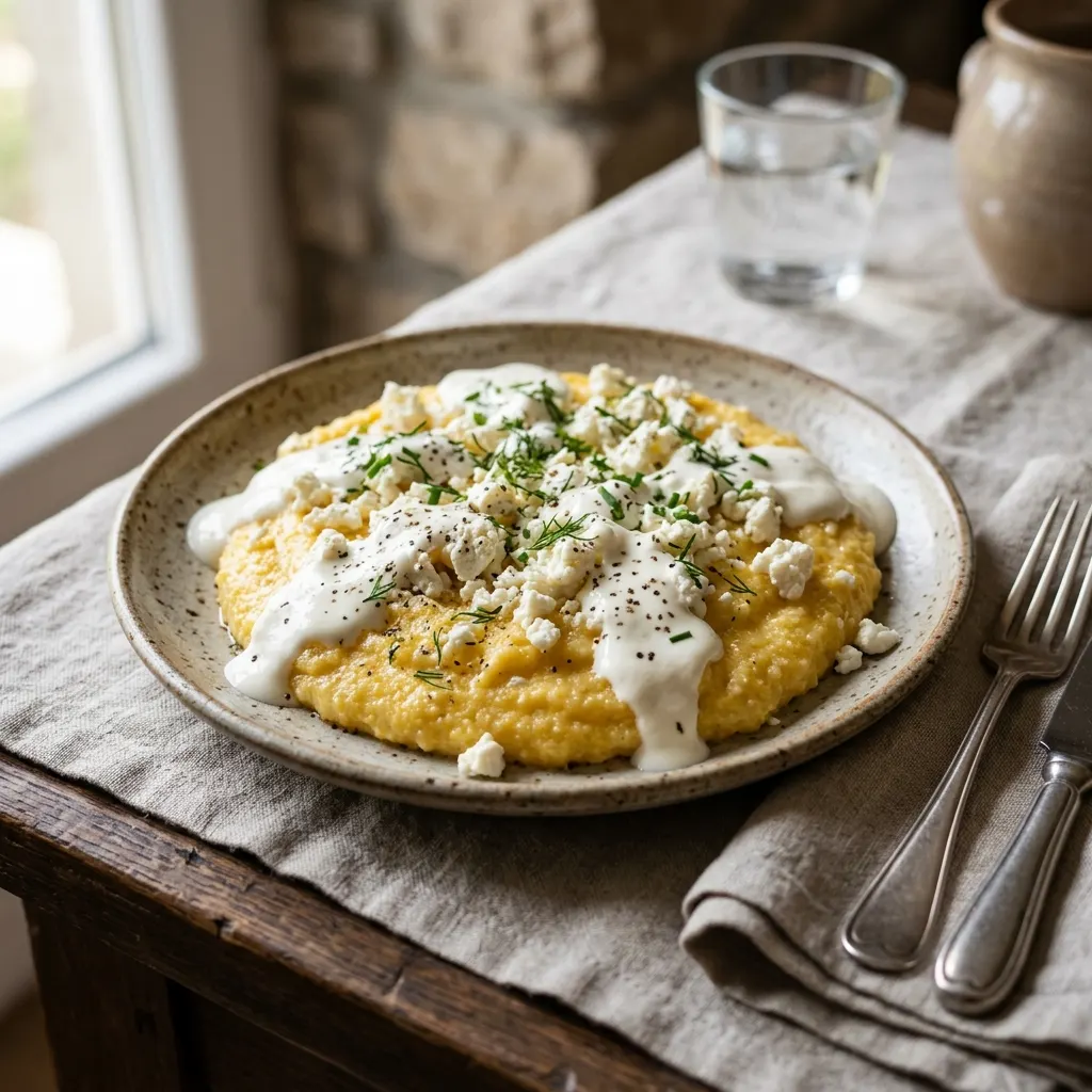 Mămăligă cu brânză (polenta roumaine au fromage et à la crème)