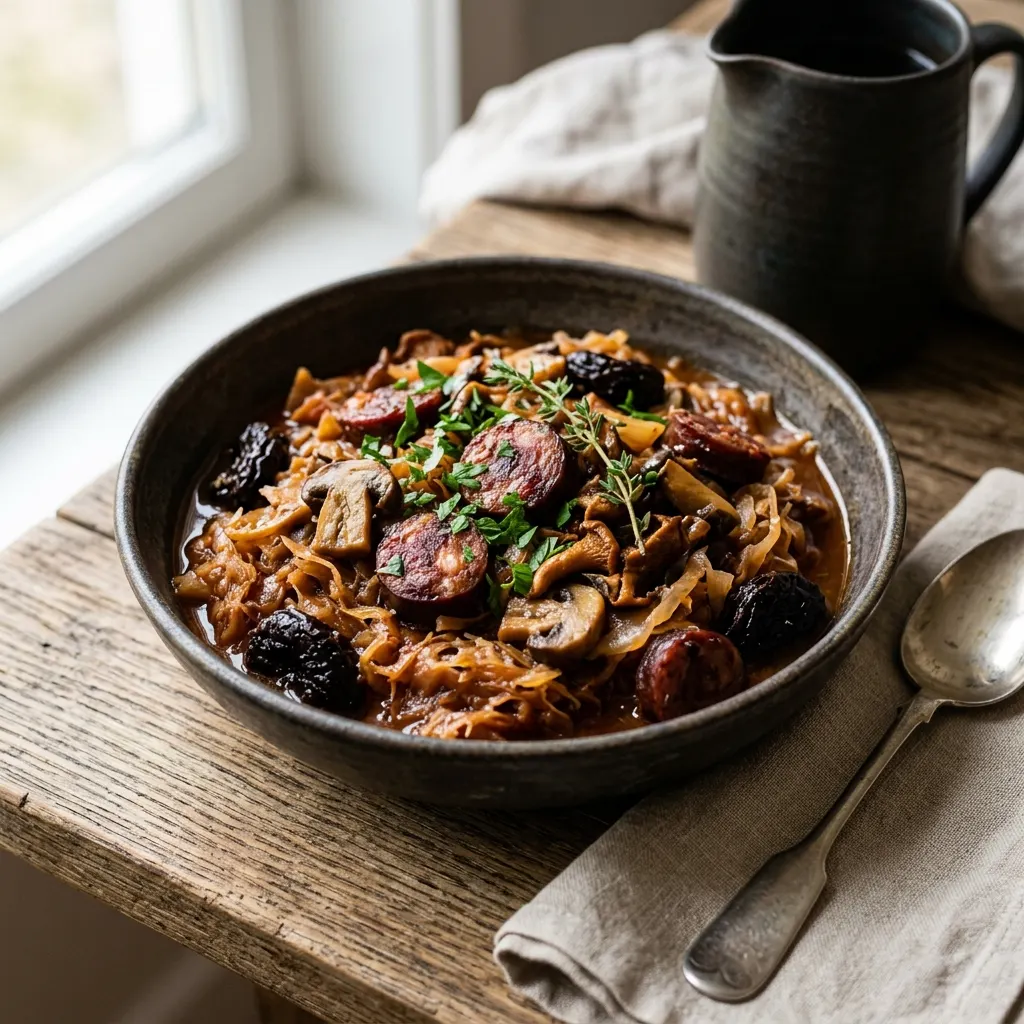 Bigos (choucroute mijotée polonaise aux champignons et aux pruneaux)