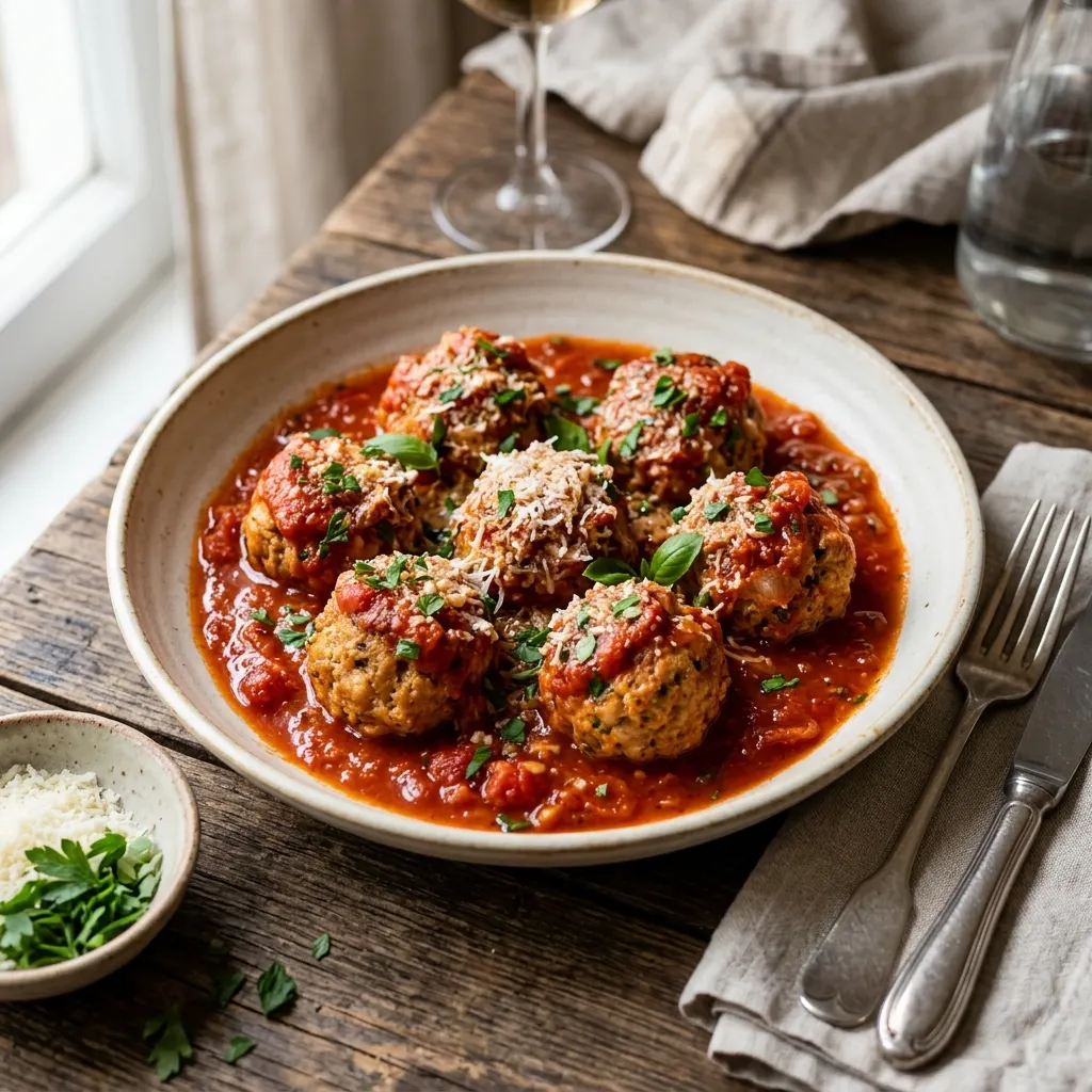 Polpette di pane (boulettes de pain italiennes au parmesan, mijotées en sauce tomate)