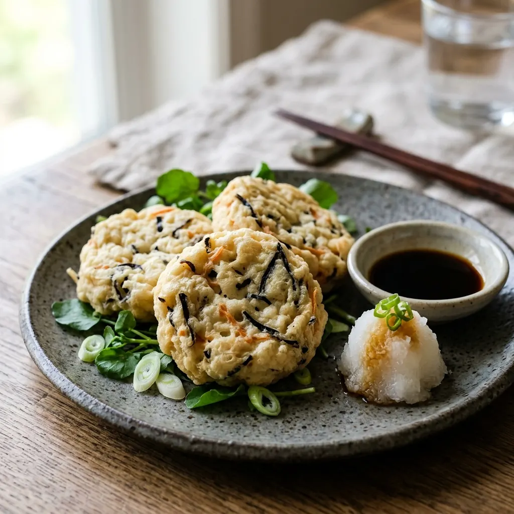 Ganmodoki (beignets japonais de tofu aux légumes, frits, servis avec du daikon râpé)