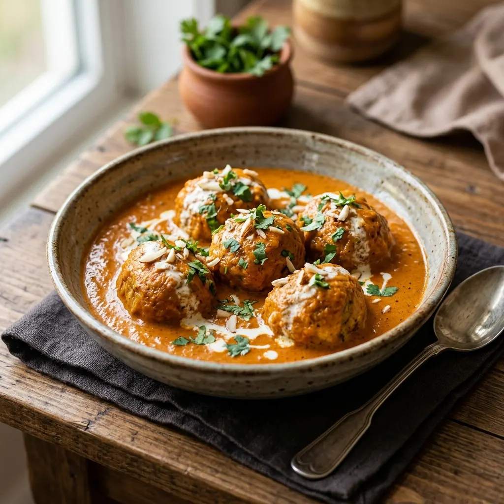 Malai kofta (boulettes indiennes de paneer et de pomme de terre en sauce crémeuse à la tomate)