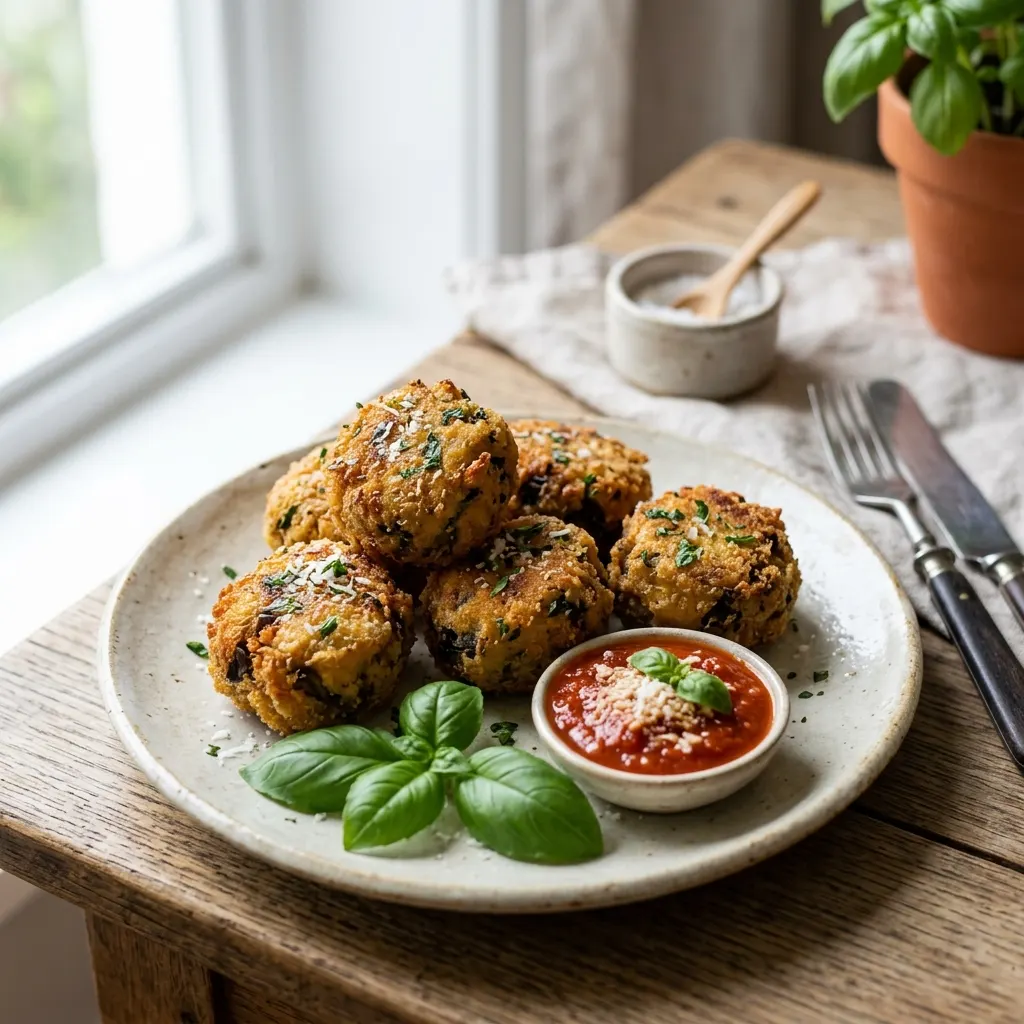 Polpette di melanzane (boulettes d'aubergine au pecorino, frites à l'huile d'olive)