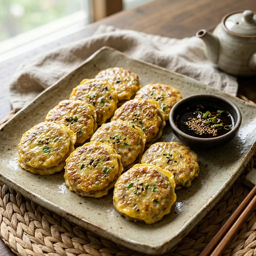 Wanja-jeon (galettes coréennes de bœuf et de tofu, poêlées, sauce soja au vinaigre)