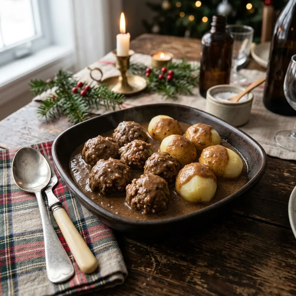 Ragoût de boulettes québécois (boulettes de porc aux épices en sauce brune à la farine grillée)
