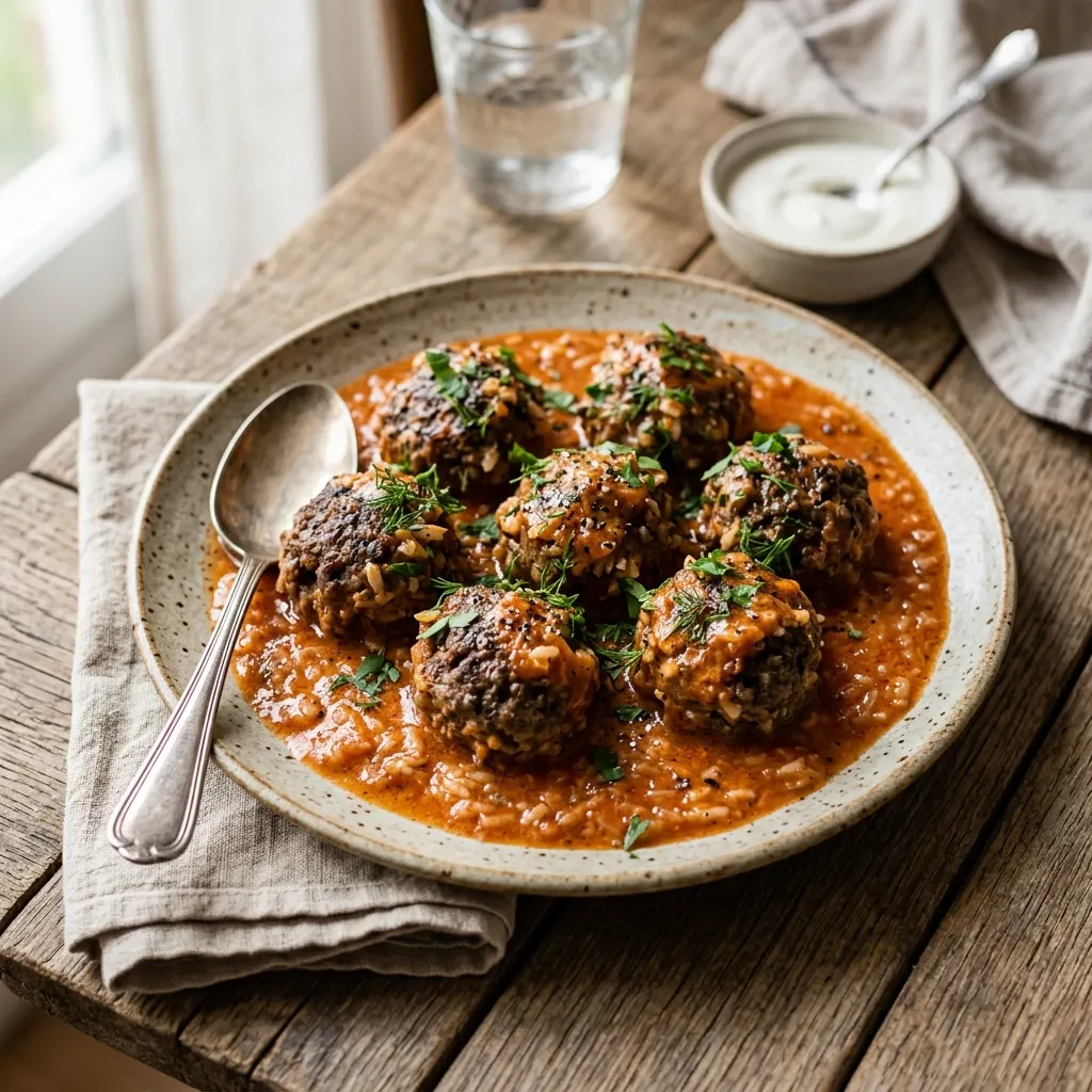 Tefteli (boulettes russes au riz, mijotées en sauce tomate à la crème)