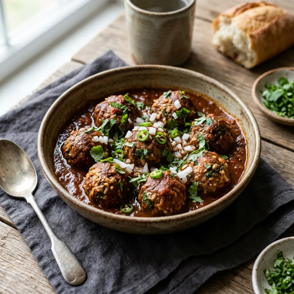 Albóndigas en salsa de chile ancho (boulettes mexicaines à la menthe et au riz, sauce tomate fumée)