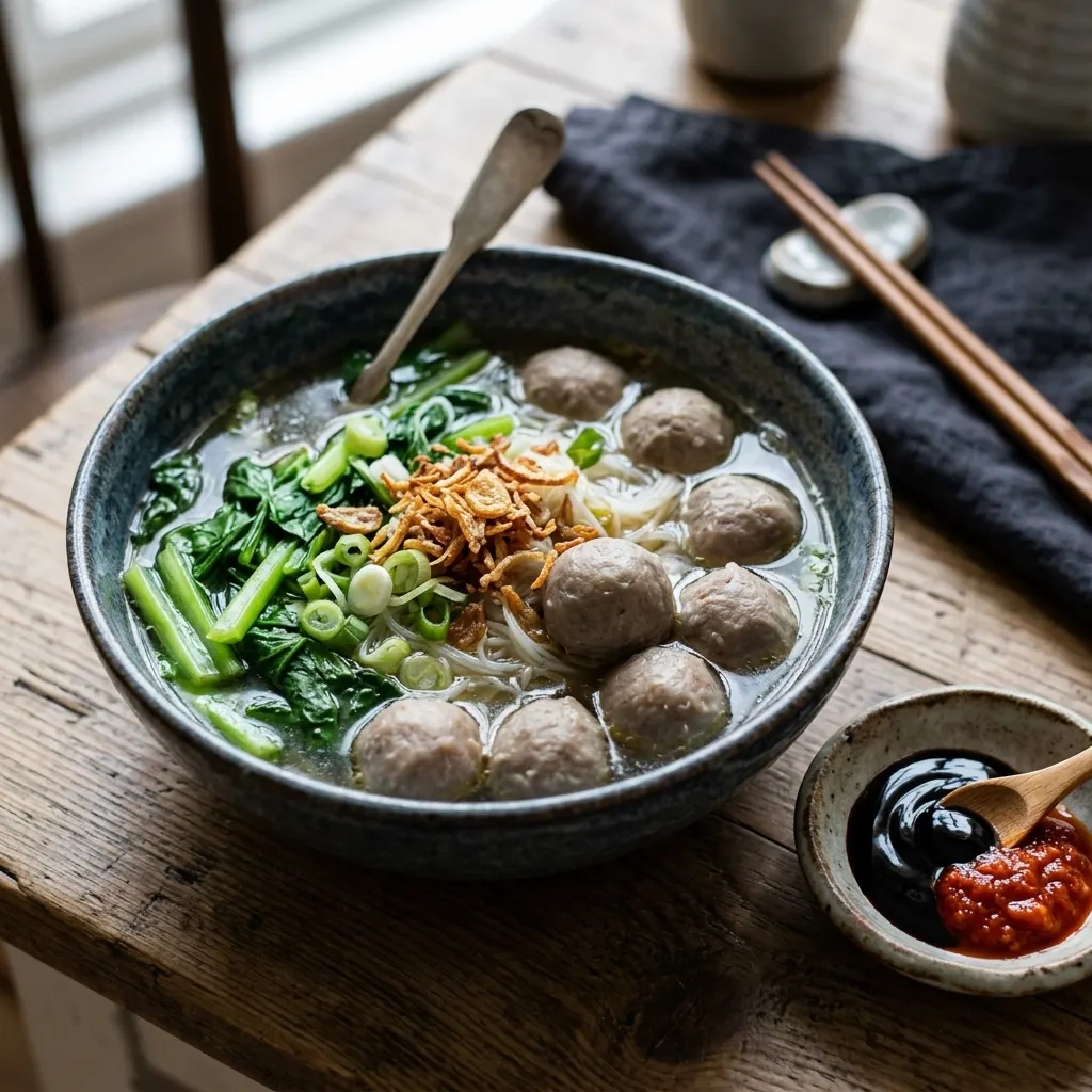 Bakso (soupe indonésienne de boulettes de bœuf, vermicelles et kecap manis)