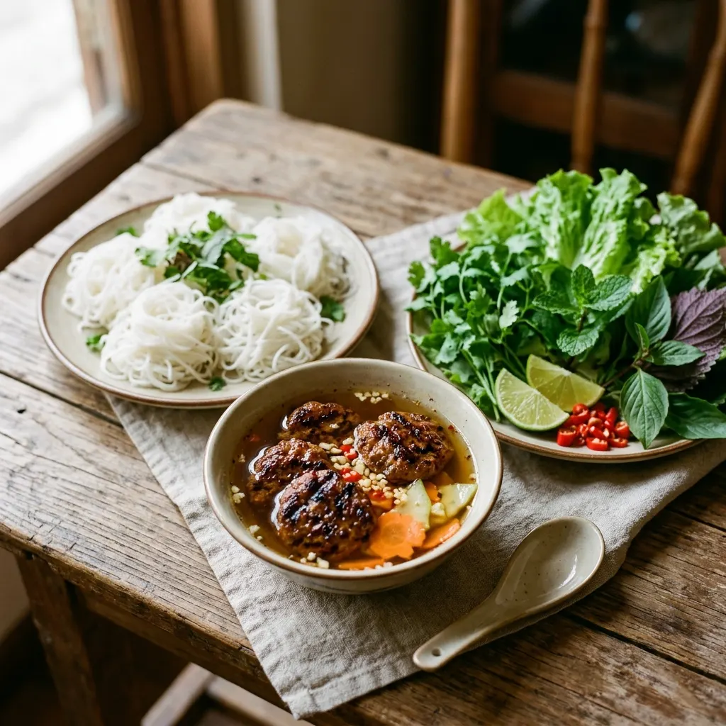 Bún chả (boulettes de porc grillées à la vietnamienne, vermicelles de riz et herbes)