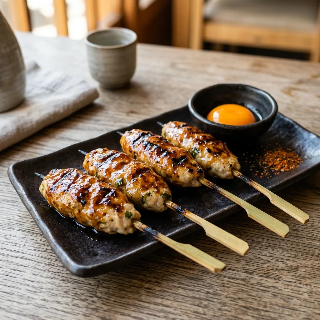 Tsukune (boulettes de poulet japonaises grillées en brochettes, sauce tare)