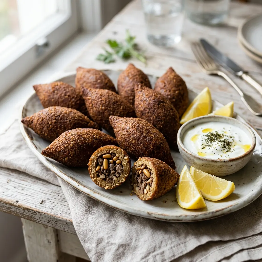 Kibbeh (boulettes libanaises de boulgour et d'agneau farcies aux pignons, frites)