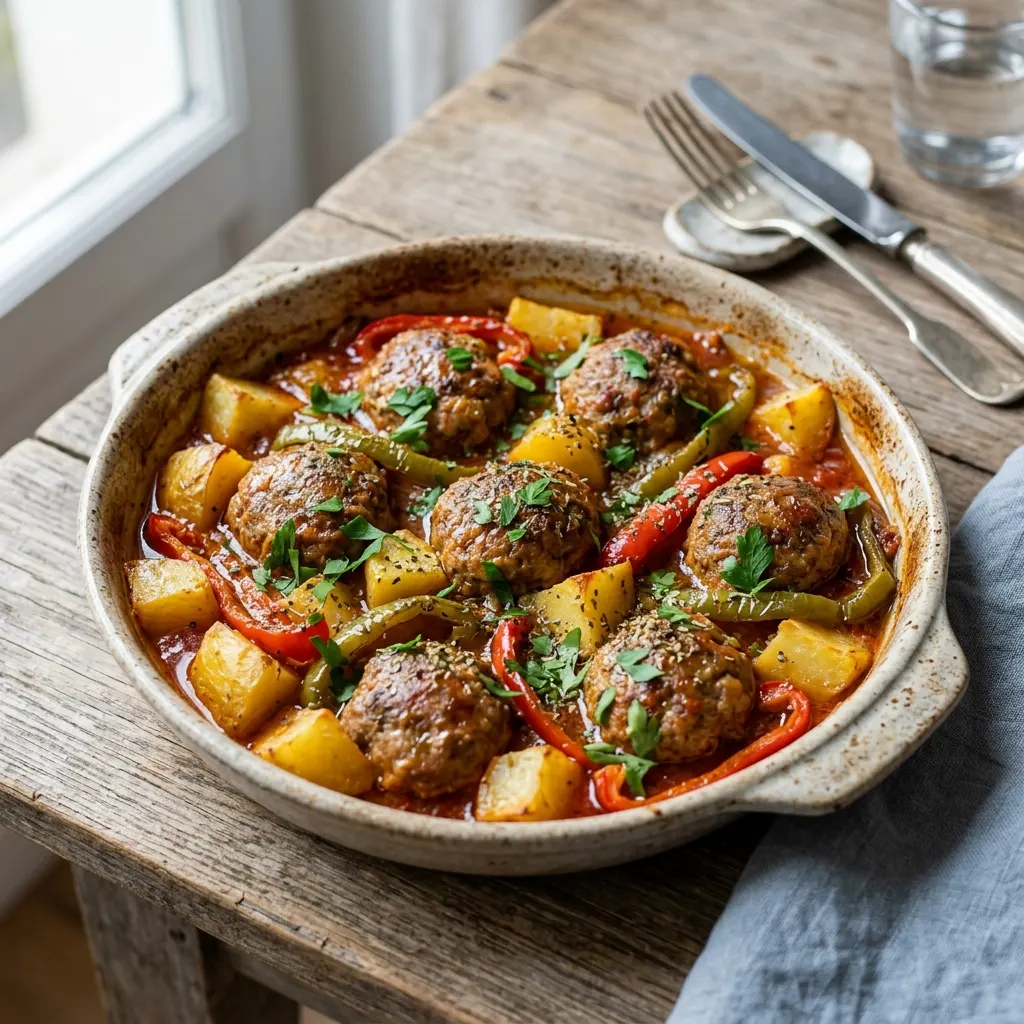 İzmir köfte (boulettes turques au four avec pommes de terre et poivrons)