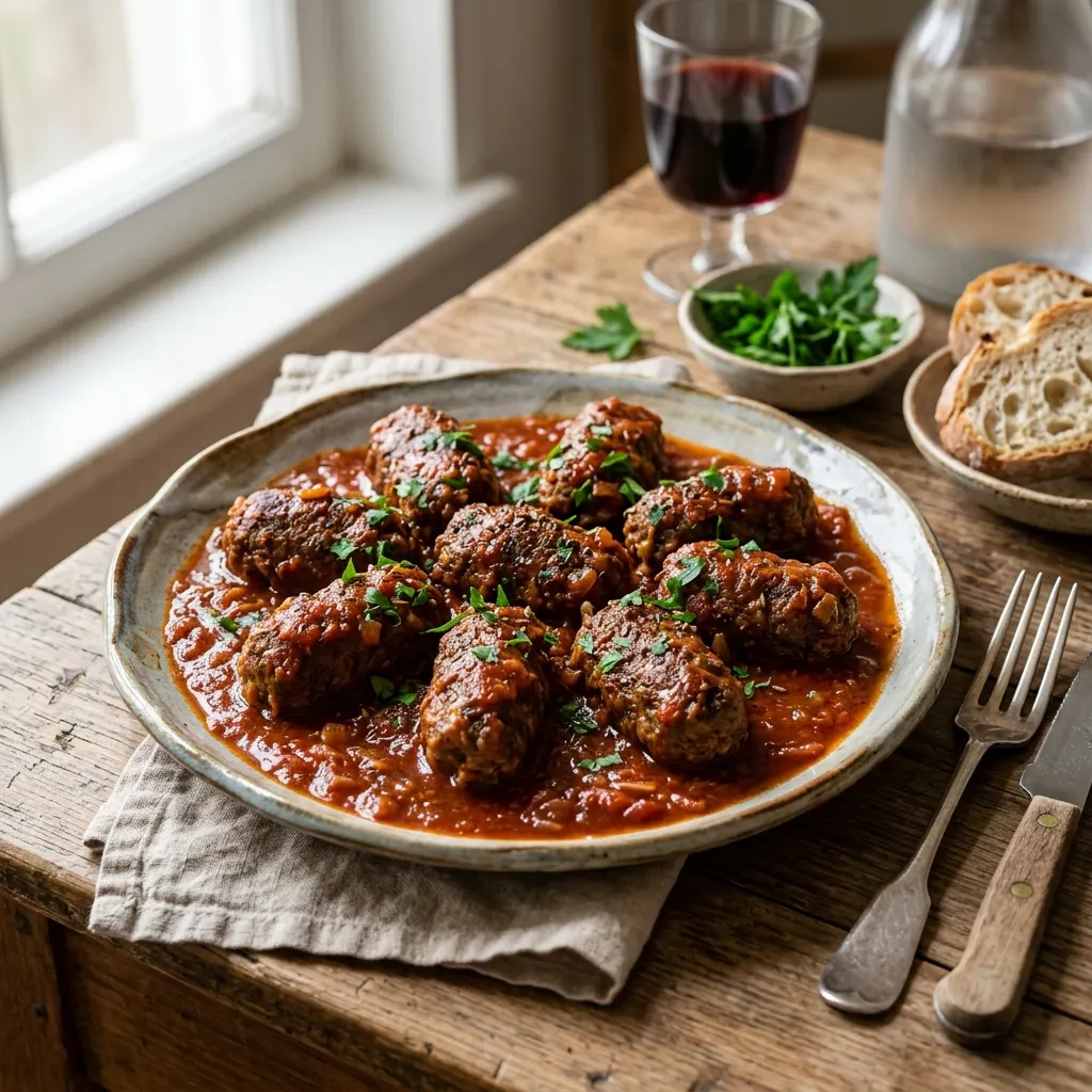 Soutzoukakia smyrneika (boulettes grecques au cumin en sauce tomate au vin rouge)