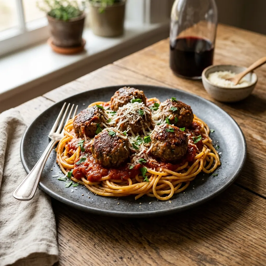 Spaghetti and meatballs (spaghettis aux boulettes de viande à l'italo-américaine)