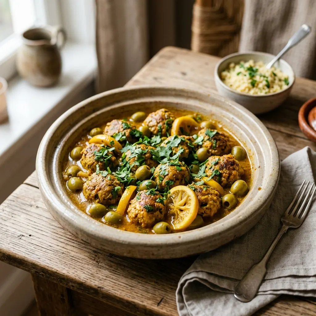 Tajine de boulettes de poulet au citron confit et aux olives