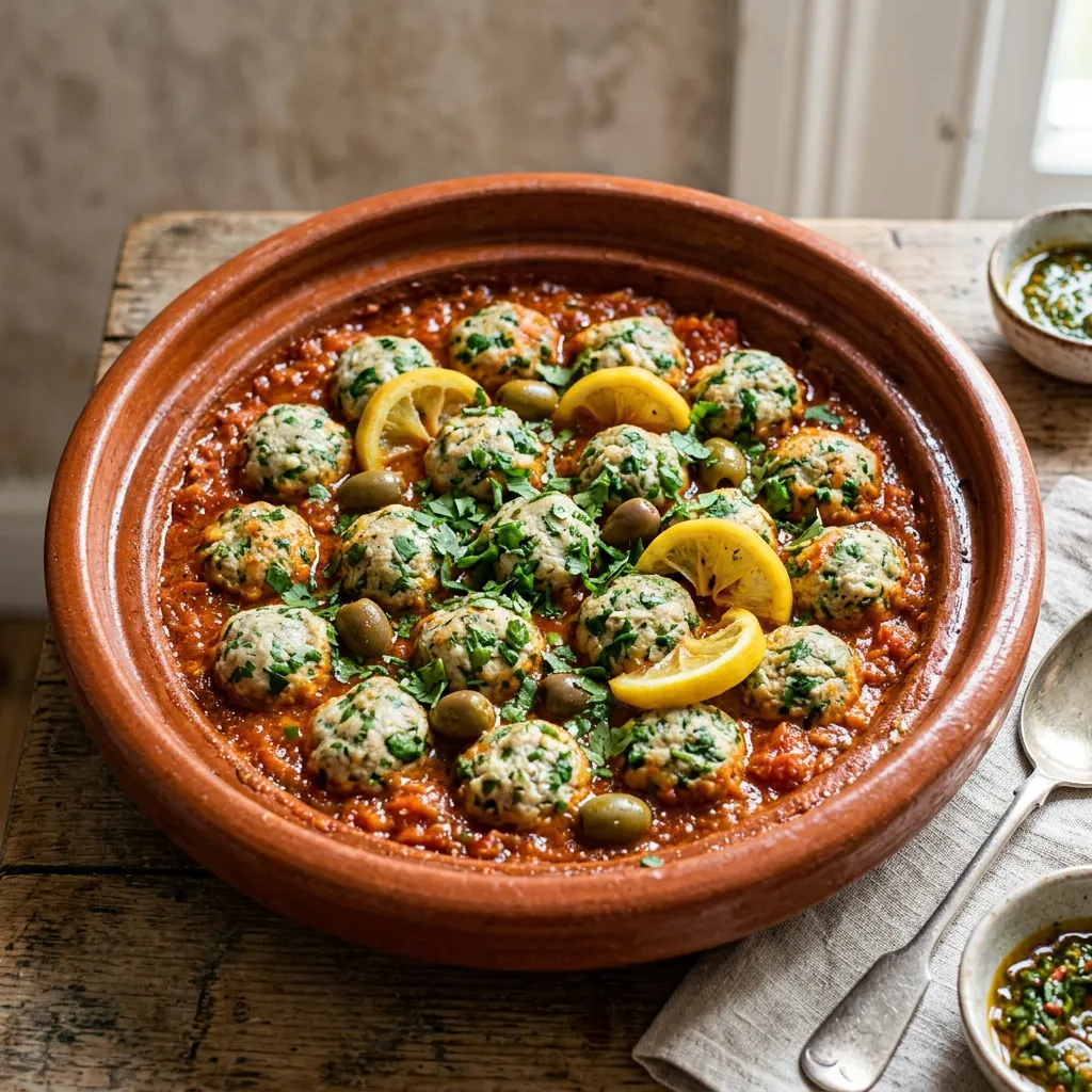 Tajine de kefta de sardines (boulettes de sardines marocaines à la chermoula, sauce tomate)