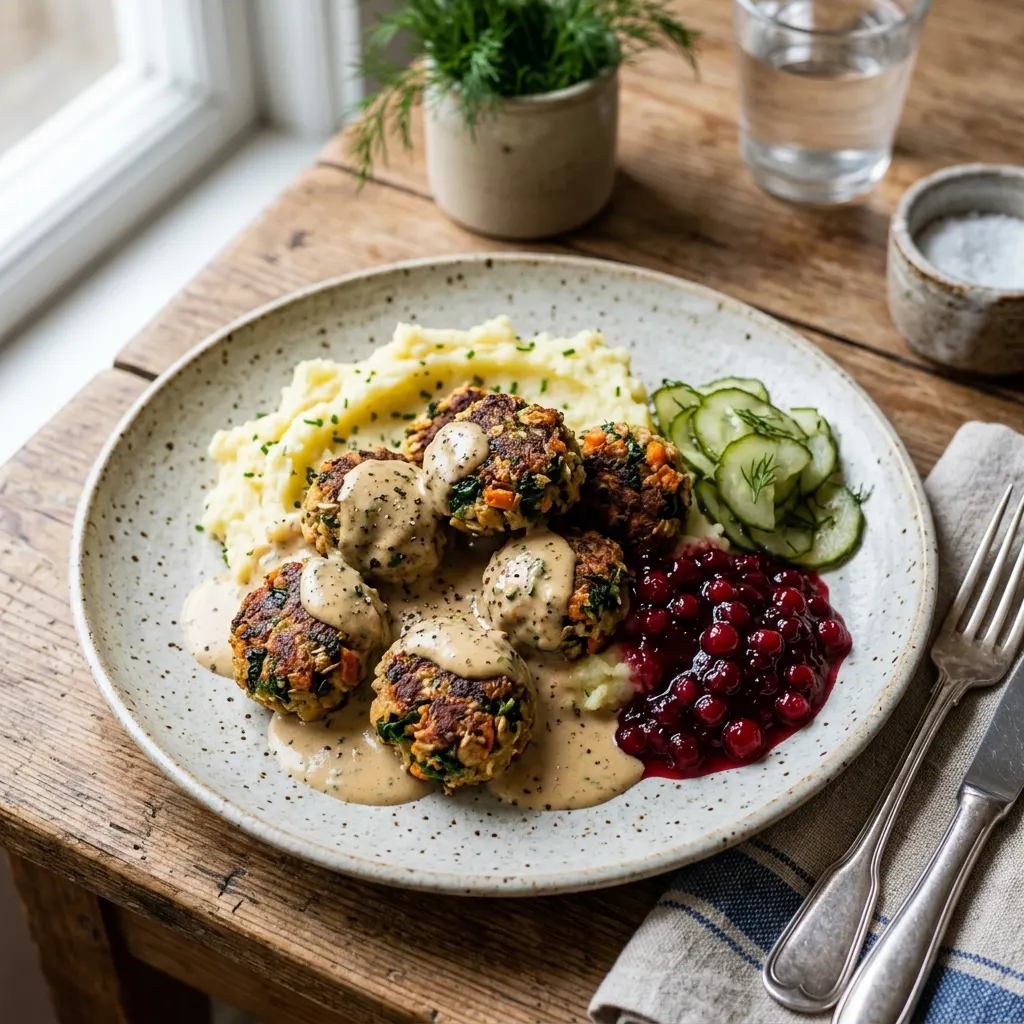 Grönsaksbullar (boulettes végétariennes à la suédoise, sauce crème)