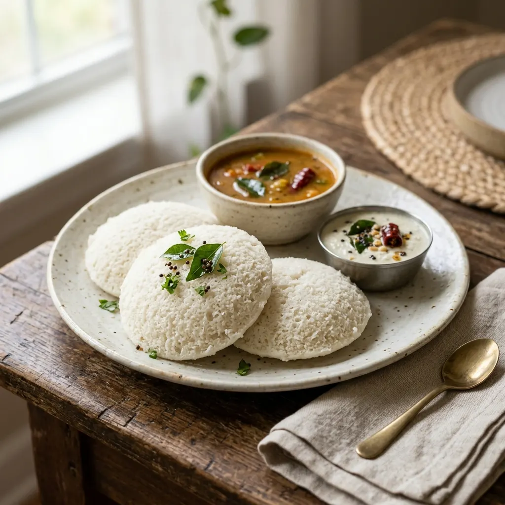 Idli (petits pains vapeur de riz et de lentilles urad)