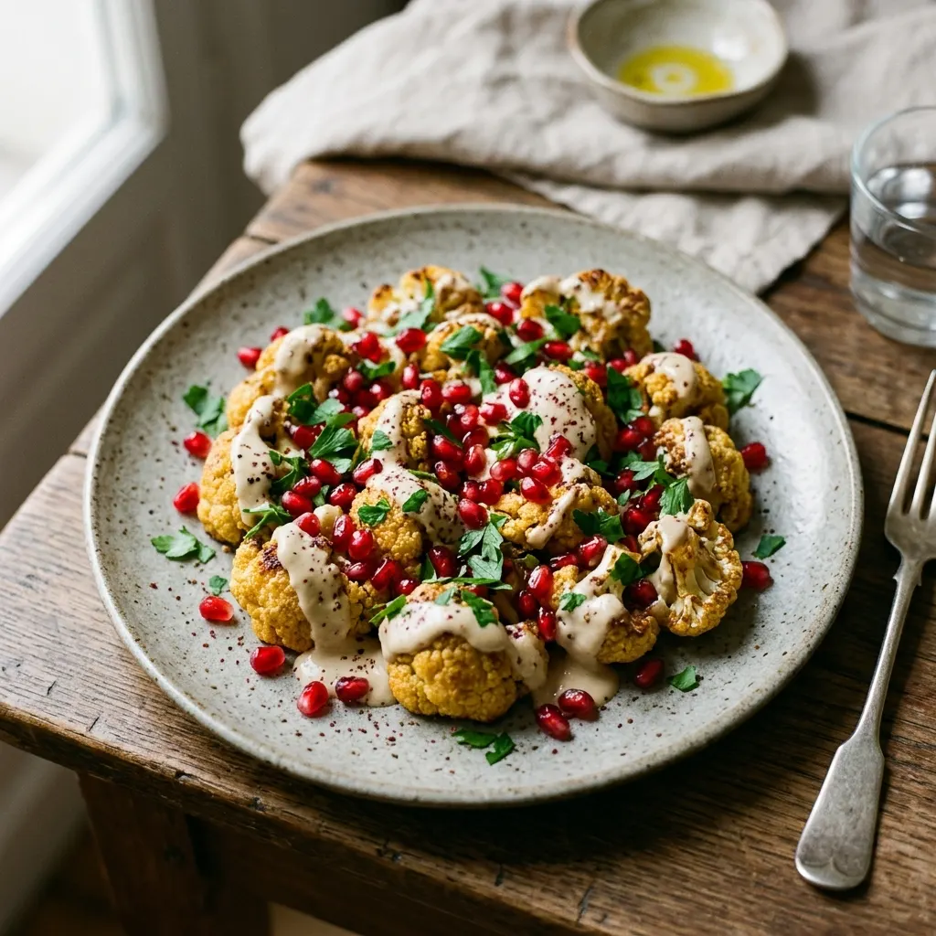 Salade de chou-fleur rôti, grenade et tahin