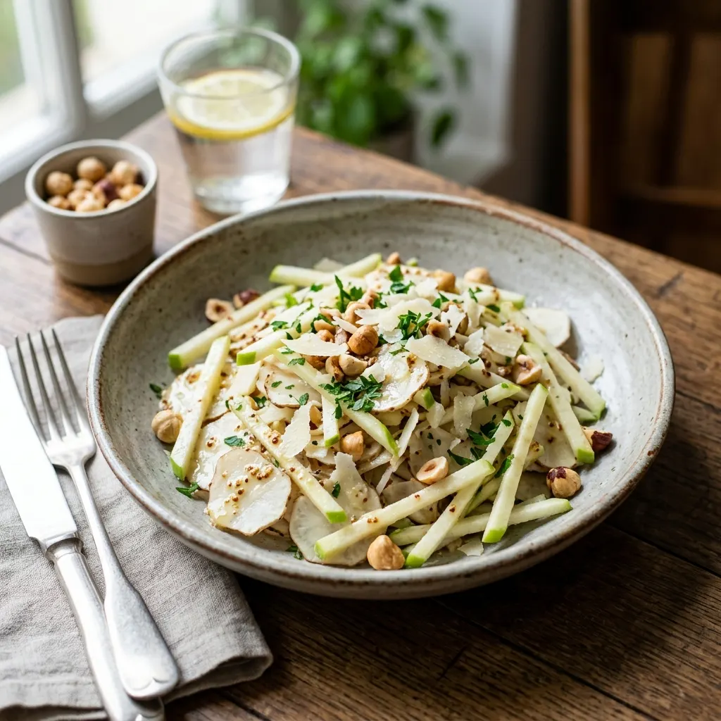 Salade de topinambours crus, pomme et noisettes