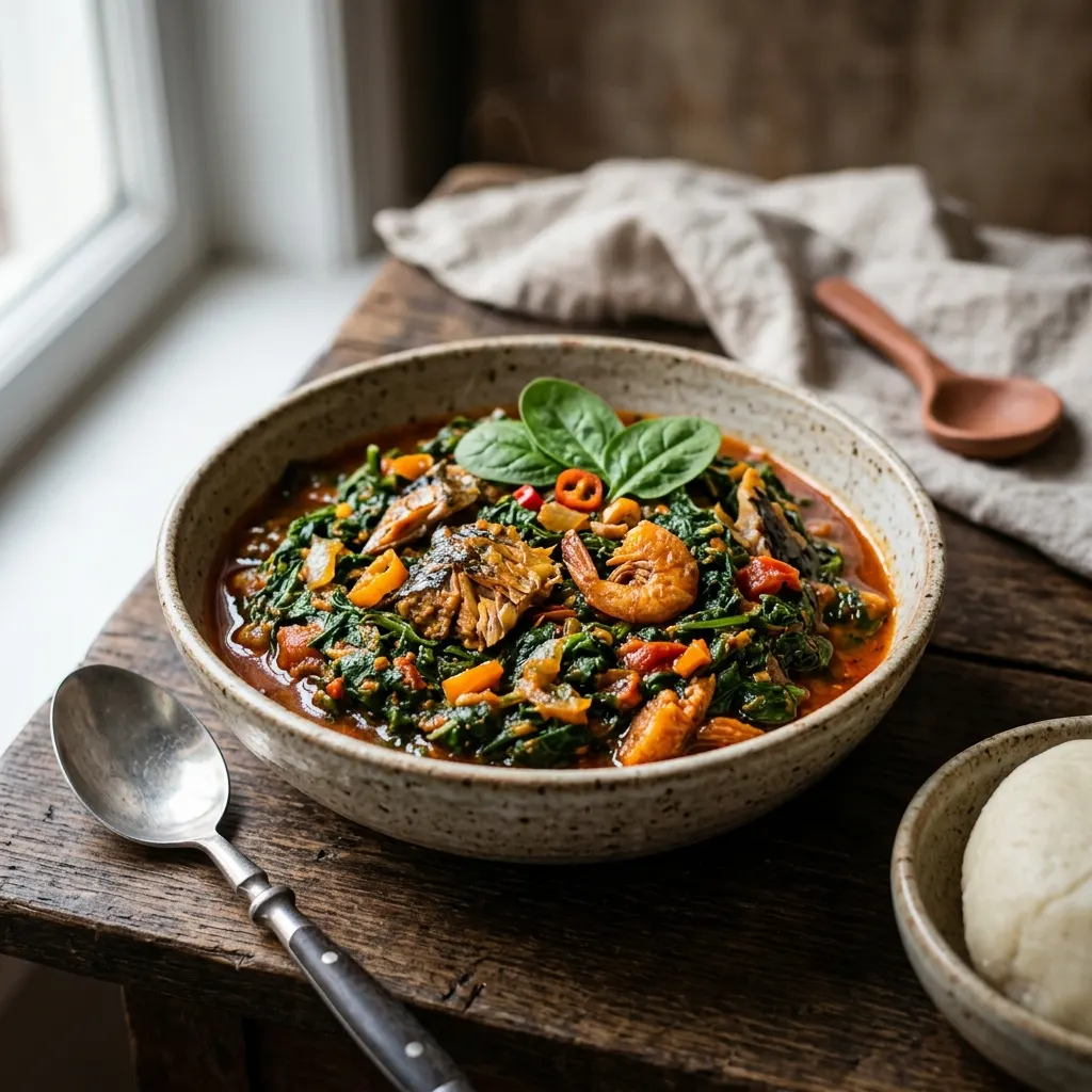 Efo riro (ragoût nigérian d'épinards au poivron et au poisson fumé)