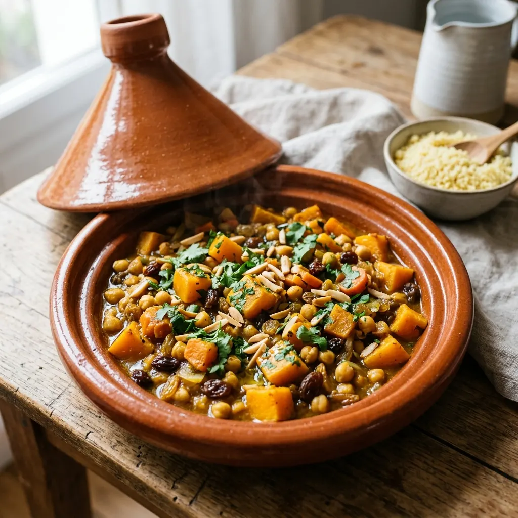 Tajine de courge, pois chiches et raisins secs