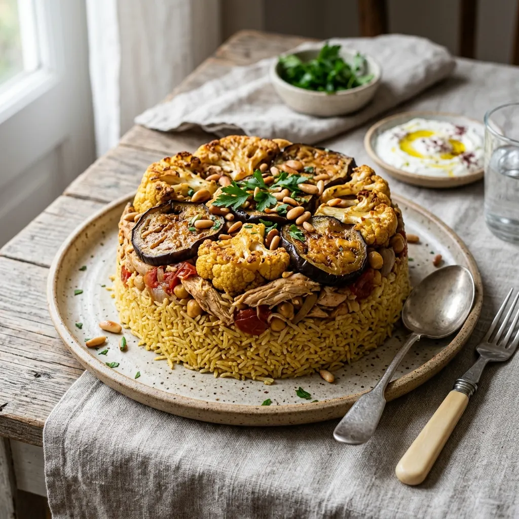 Maqluba de chou-fleur (riz renversé palestinien aux aubergines)