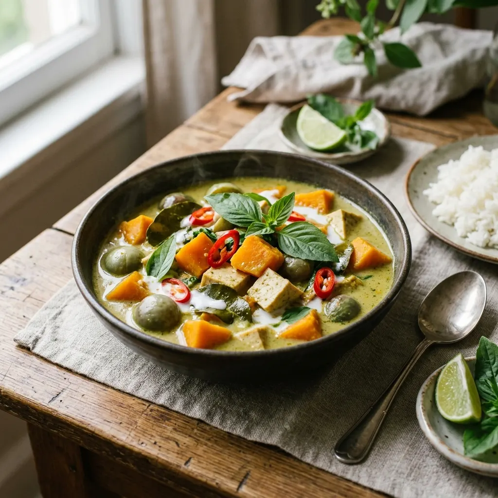 Gaeng kiew wan fak thong (curry vert thaï au potiron et au tofu)