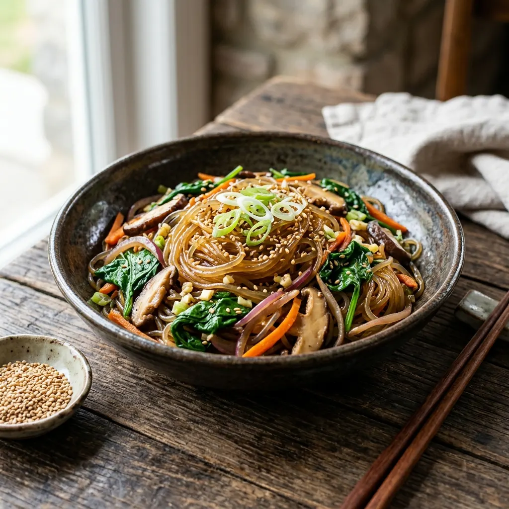 Japchae aux champignons et aux épinards (vermicelles coréens sautés)