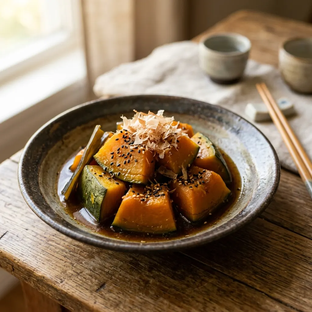 Kabocha no nimono (courge japonaise mijotée au dashi et au soja)