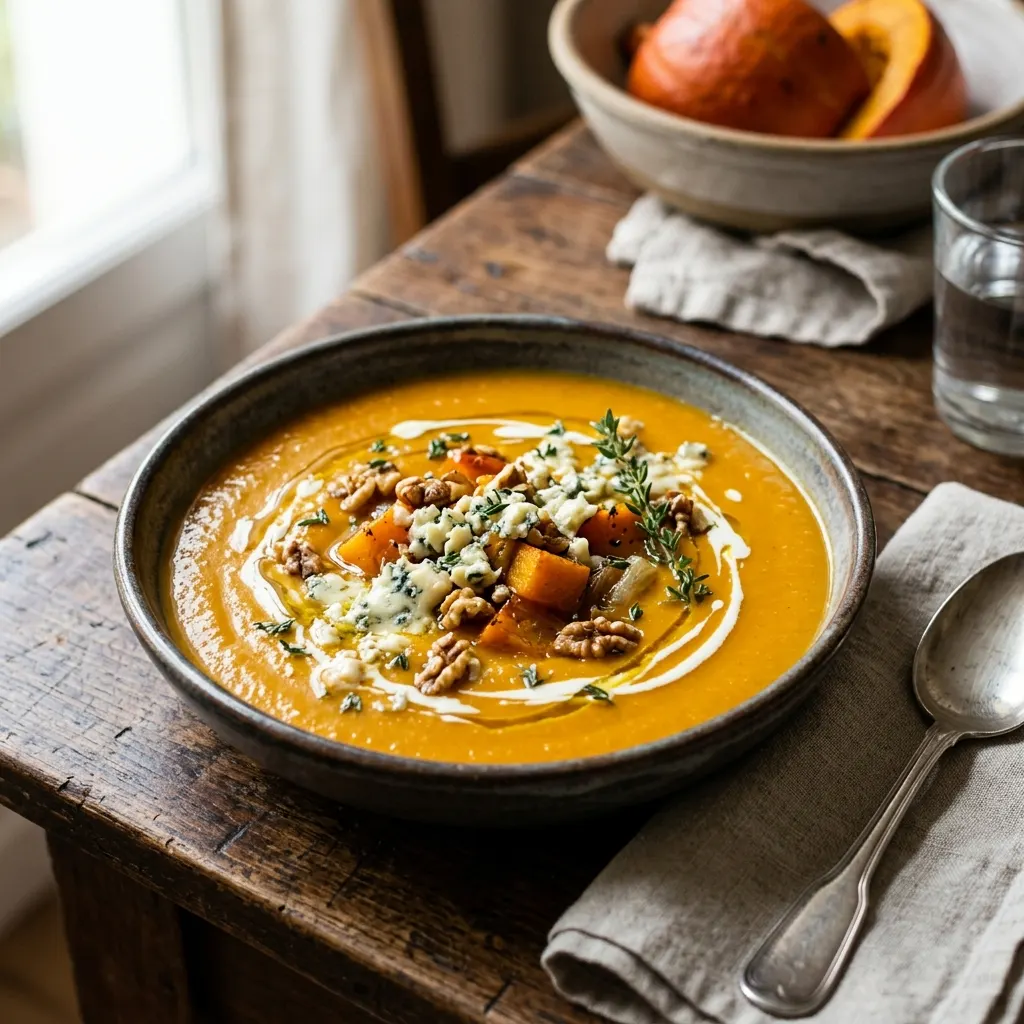 Soupe de potimarron rôti au bleu d'Auvergne