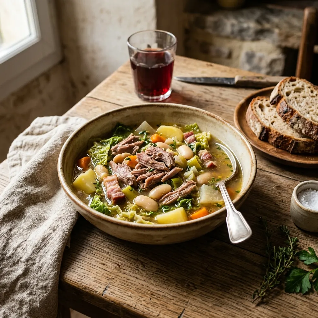 Garbure béarnaise (soupe de chou, de haricots et de confit de canard)