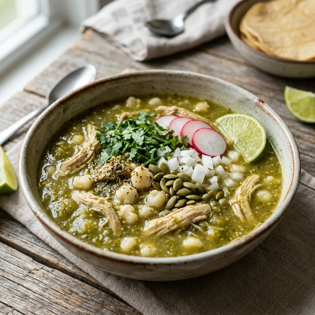 Pozole verde de pollo (soupe mexicaine au maïs hominy et à la sauce verte)
