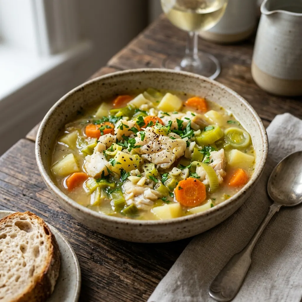 Porrusalda (soupe basque de poireaux, pommes de terre et morue)